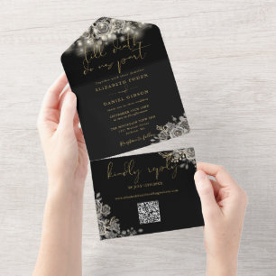 Invitation Tout En Un Roses gothiques Noir et Or Lights QR Code Mariage