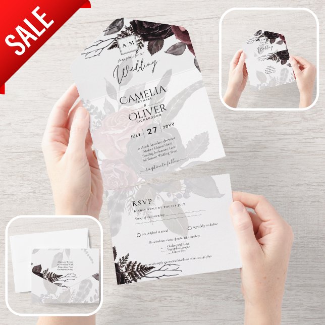 Invitation Tout En Un Roses noirs de Bourgogne foncée Mariage automne hi (Créateur téléchargé)
