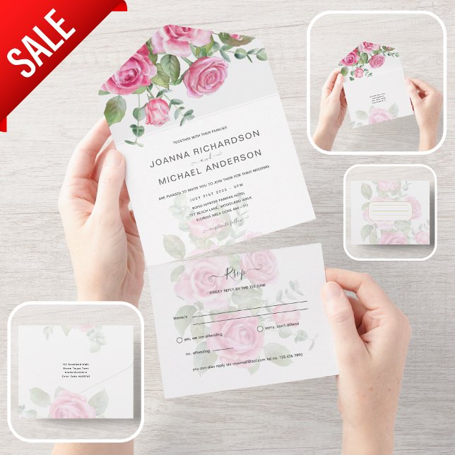 Invitation Tout En Un Roses PINK tout compris Mariage Floral RSVP (Créateur téléchargé)