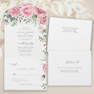 Invitation Tout En Un Roses rose pâle aquarelle florale élégant mariage