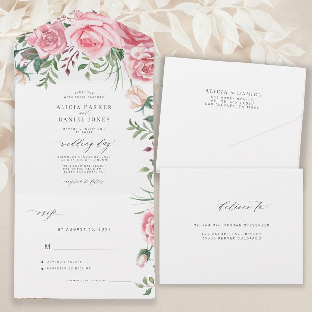 Invitation Tout En Un Roses rose pâle aquarelle florale élégant mariage (Créateur téléchargé)