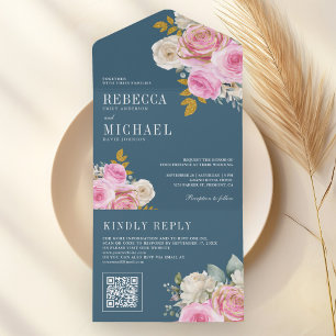 Invitation Tout En Un Roses Roses Fleurs Rose Douce Code QR Bleu Poussié
