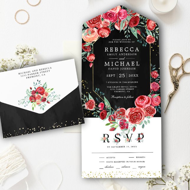 Invitation Tout En Un Roses rouges modernes Floral Mariage noir (Créateur téléchargé)