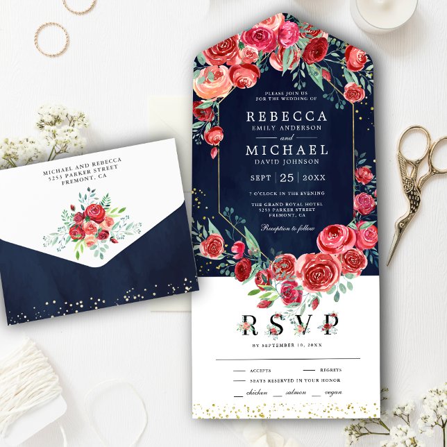 Invitation Tout En Un Roses rouges modernes Floral Marine Mariage bleu (Créateur téléchargé)