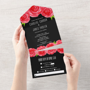 Invitation Tout En Un Roses rouges sur Mariage noir