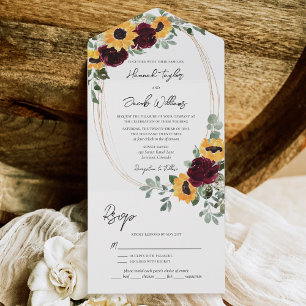 Invitation Tout En Un Roses rustiques de Tournesol Bourgogne avec Mariag