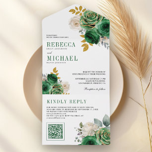 Invitation Tout En Un Roses Vert Émeraude Code QR Floral Mariage