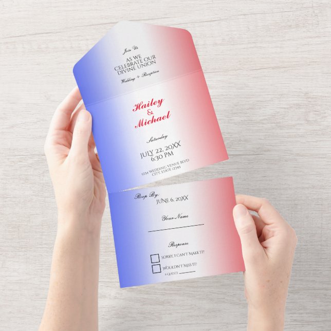 Invitation Tout En Un Rouge Blanc & Bleu Patriotique Élégant Mariage mod (Déchirure)