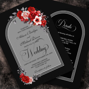 Invitation Tout en un Rouge Floral Arc Noir Argent Mariage