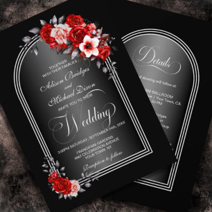 Invitation Tout en un Rouge Floral Arc Noir Gris Mariage