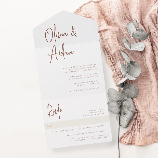 Invitation Tout En Un Rouille | Mariage de script manuscrit moderne (Créateur téléchargé)