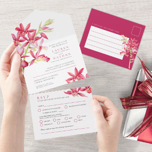 Invitation Tout En Un Rouleau d'orchidée à bijou rouge mariage RSVP