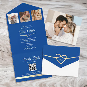 Invitation Tout En Un Royal Blue Photos Mariage QR Code