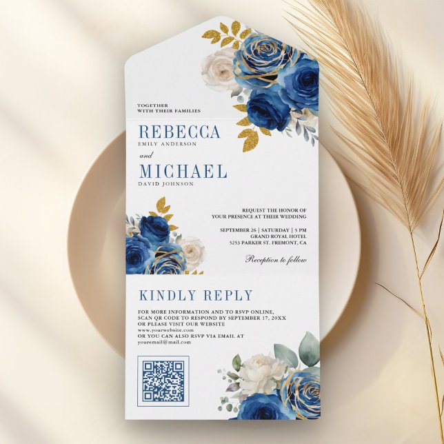 Invitation Tout En Un Royal Blue Roses Floral QR Code Wedding (Créateur téléchargé)