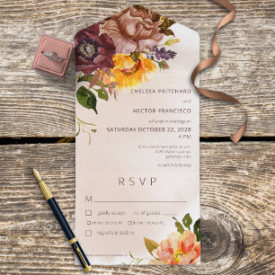 Invitation Tout En Un Russe Automne Burgundy & Jaune Floral Diner