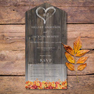 Invitation Tout En Un Russe Bois de Barnwood & Feuilles D'Automne Dîner