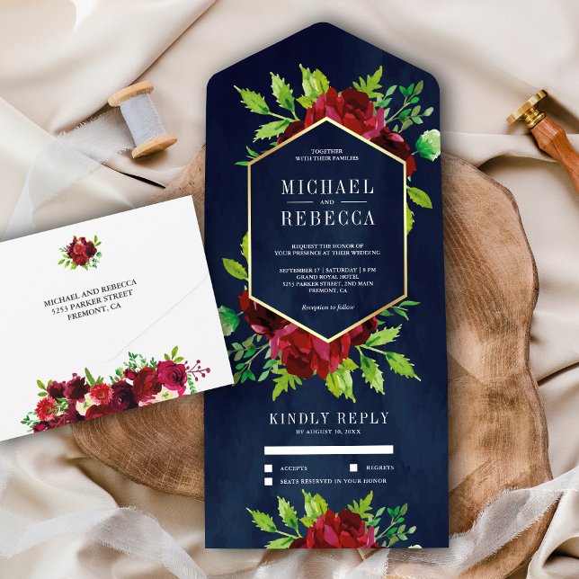 Invitation Tout En Un Russe Bourgogne Floral Mariage bleu marine (Créateur téléchargé)