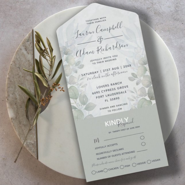 Invitation Tout En Un Russe Eucalyptus Sage Vert Mariage d'aquarelle (Créateur téléchargé)