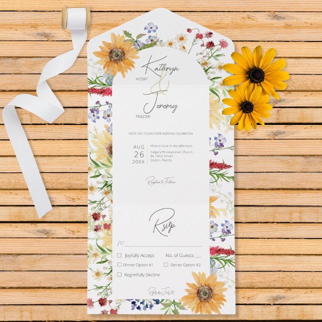 Invitation Tout En Un Russe Fleur sauvage d'été tournesol Dîner blanc (Créateur téléchargé)
