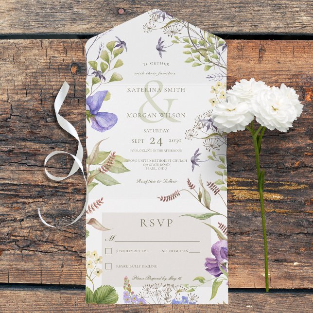 Invitation Tout En Un Russe Fleur sauvage Lavande Blanc Non Dîner (Rustic Lavender Wildflowers White All In One Wedding Invitation without Dinner Options)