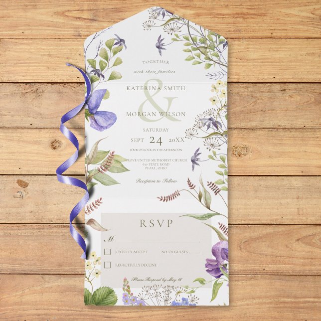 Invitation Tout En Un Russe Fleur sauvage Lavande Blanc Non Dîner (Rustic Lavender Wildflowers White No Dinner All In One Invitation)