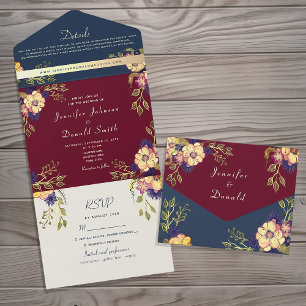 Invitation Tout En Un Russe Floral Bourgogne et Mariage bleu marine