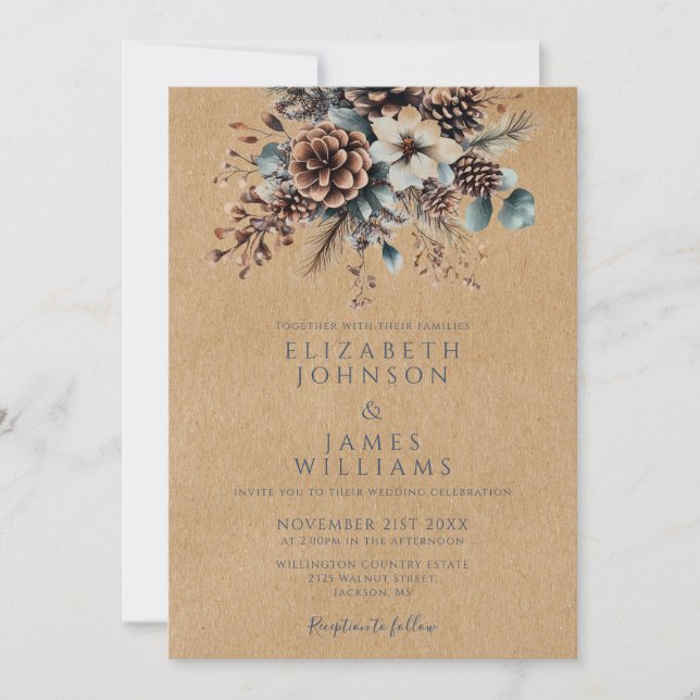 Invitation Tout en un Russe hiver Floral Pinecone Mariage (Devant)