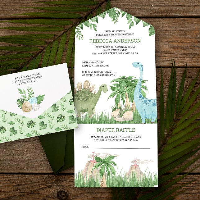 Invitation Tout En Un Russe Jungle Aquarelle Cute Dinosaur Baby shower (Créateur téléchargé)