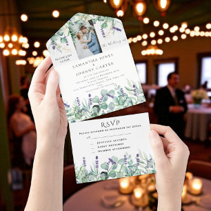 Invitation Tout En Un Russe Lavande Photo Eucalyptus RSVP Mariage