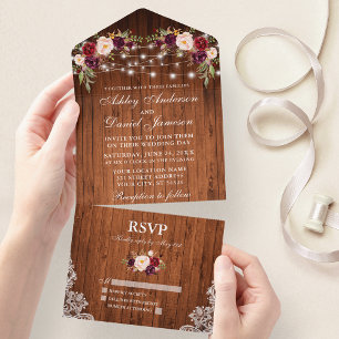 Invitation Tout En Un Russe Mariage Bourgogne Floral Lumières dentelle e