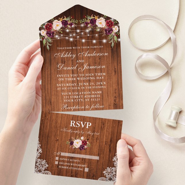 Invitation Tout En Un Russe Mariage Bourgogne Floral Lumières dentelle e (All In One Wedding Invitation with tear off RSVP Card)