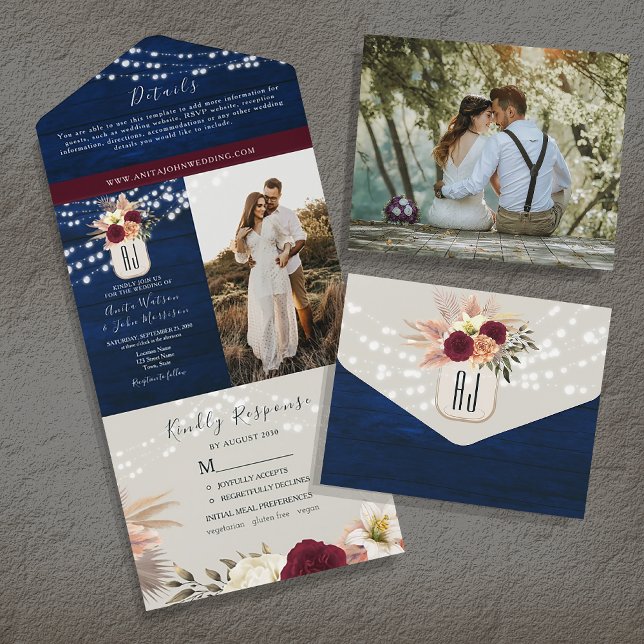 Invitation Tout En Un Russe Marine bleu et Mariage floral Bourgogne (Créateur téléchargé)
