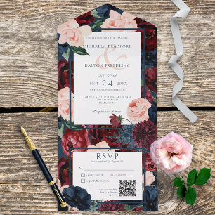Invitation Tout En Un Russe Marine Blue Peach & Burgundy Floral QR Code