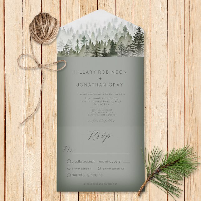 Invitation Tout En Un Russe Mountain Mist Forest Green Dinner (Also available with a QR code or without dinner selection options.)