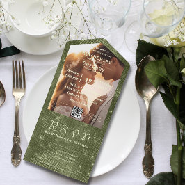 Invitation Tout En Un Russe Olive Green Faux Burlap Photo QR Code