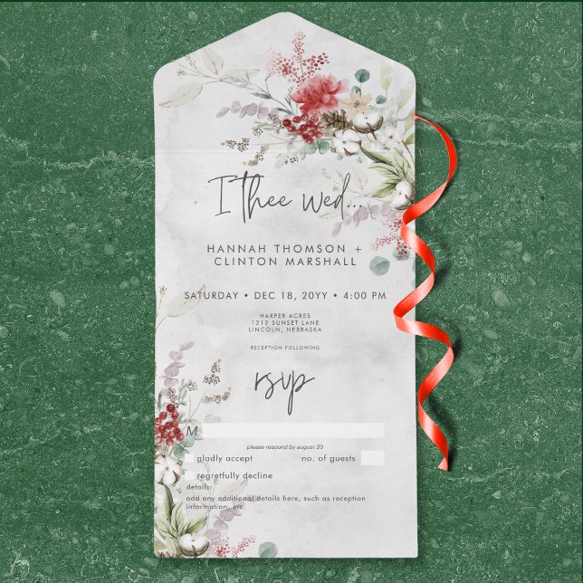 Invitation Tout En Un Russe Red Winter Berries & Boho Cotton No Dinner (Rustic Red Winter Berries & Boho Cotton No Dinner All In One Invitation)