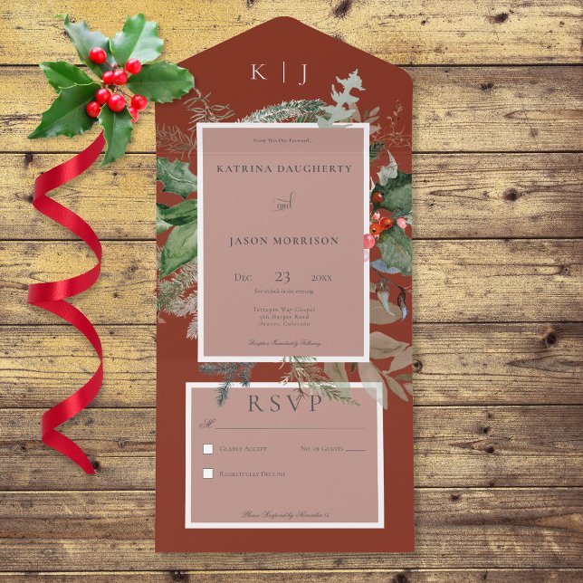 Invitation Tout En Un Russe Red Winter Holly & Pine No Dinner (Also available with a QR code or with dinner selection options.)