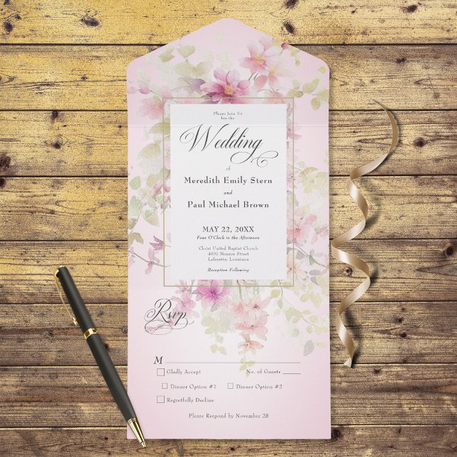 Invitation Tout En Un Russe Rose & Sage Aquarelle Floral Rose Dîner (Also available with a QR code or without dinner selection options.)