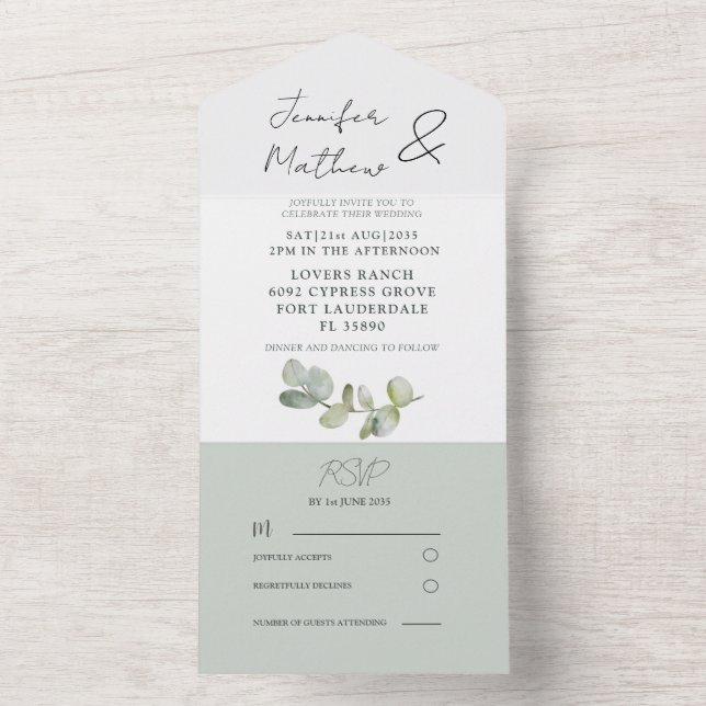 Invitation Tout En Un Russe Sage Green Eucalyptus Mariage tout en un (À l'intérieur)