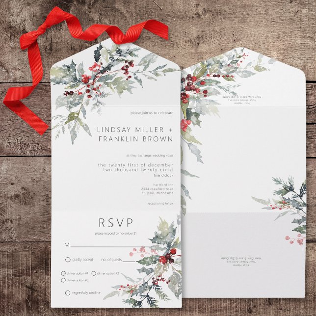 Invitation Tout En Un Russe Winter Holly Berries & Dîner Neige (Rustic Winter Holly Berries & Snow All In One Wedding Invitation with Dinner Options)