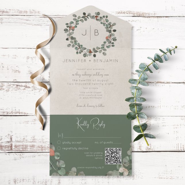 Invitation Tout En Un Rust & Dark Sage Green Eucalyptus Code QR moderne (Créateur téléchargé)