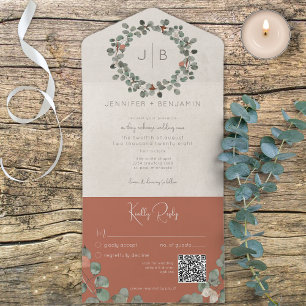 Invitation Tout En Un Rust & Green Eucalyptus Modern QR Code