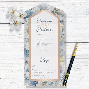 Invitation Tout En Un Rustic Blue Floral & Dîner d'or Rose