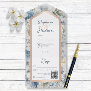 Invitation Tout En Un Rustic Blue Floral & Rose Gold QR Code