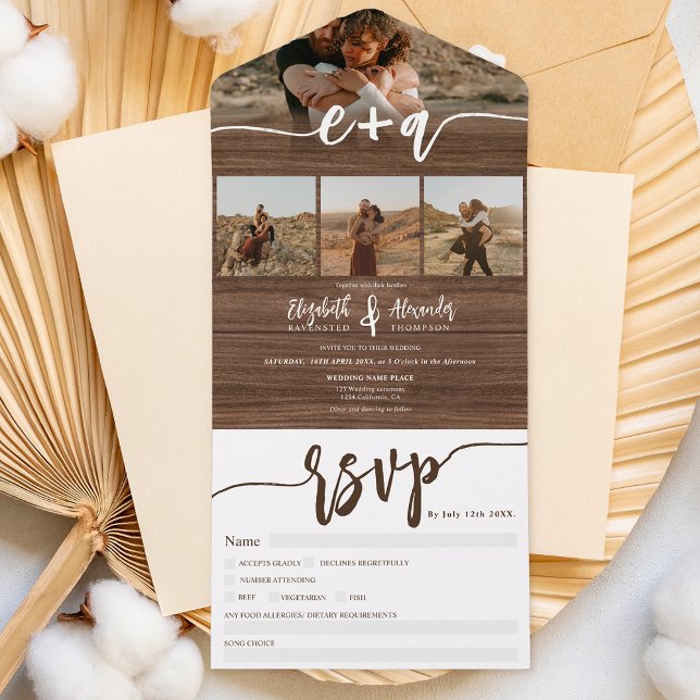 Invitation Tout En Un Rustic Elegant 4 Photos brun script mariage (Créateur téléchargé)