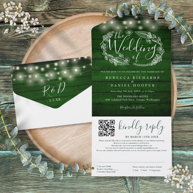 Invitation Tout En Un Rustic Emerald Green String Lights QR Code Mariage (Rustic Emerald Green String Lights QR Code Wedding All In One Invitation)