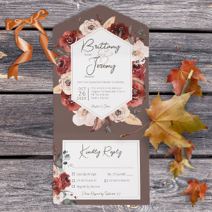 Invitation Tout En Un Rustic Fall Rust Floral au dîner Brown