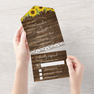 Invitation Tout En Un Rustic Farmhouse Sunflower Lace Mariage RSVP