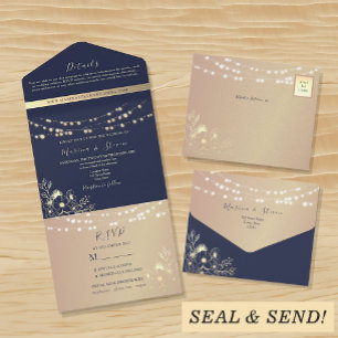 Invitation Tout En Un Rustic Lights Gold et Mariage bleu marine