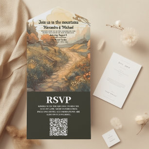 Invitation Tout En Un Rustic Mountain Forest Code QR Mariage À feuillage